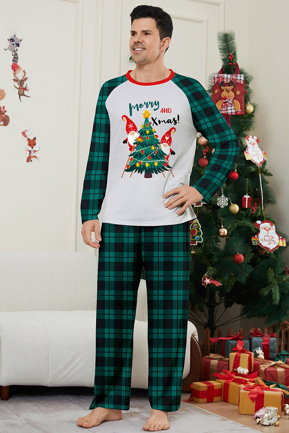 Green Plaid Christmas Tree Pattern Printed Family Matching Pajamas