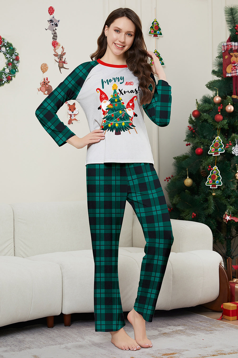 Green Plaid Christmas Tree Pattern Printed Family Matching Pajamas