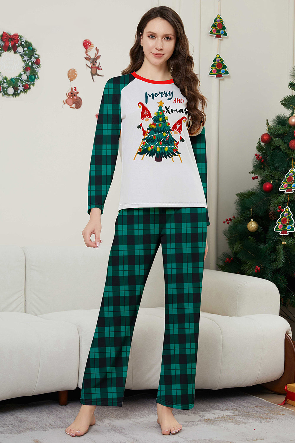 Green Plaid Christmas Tree Pattern Printed Family Matching Pajamas