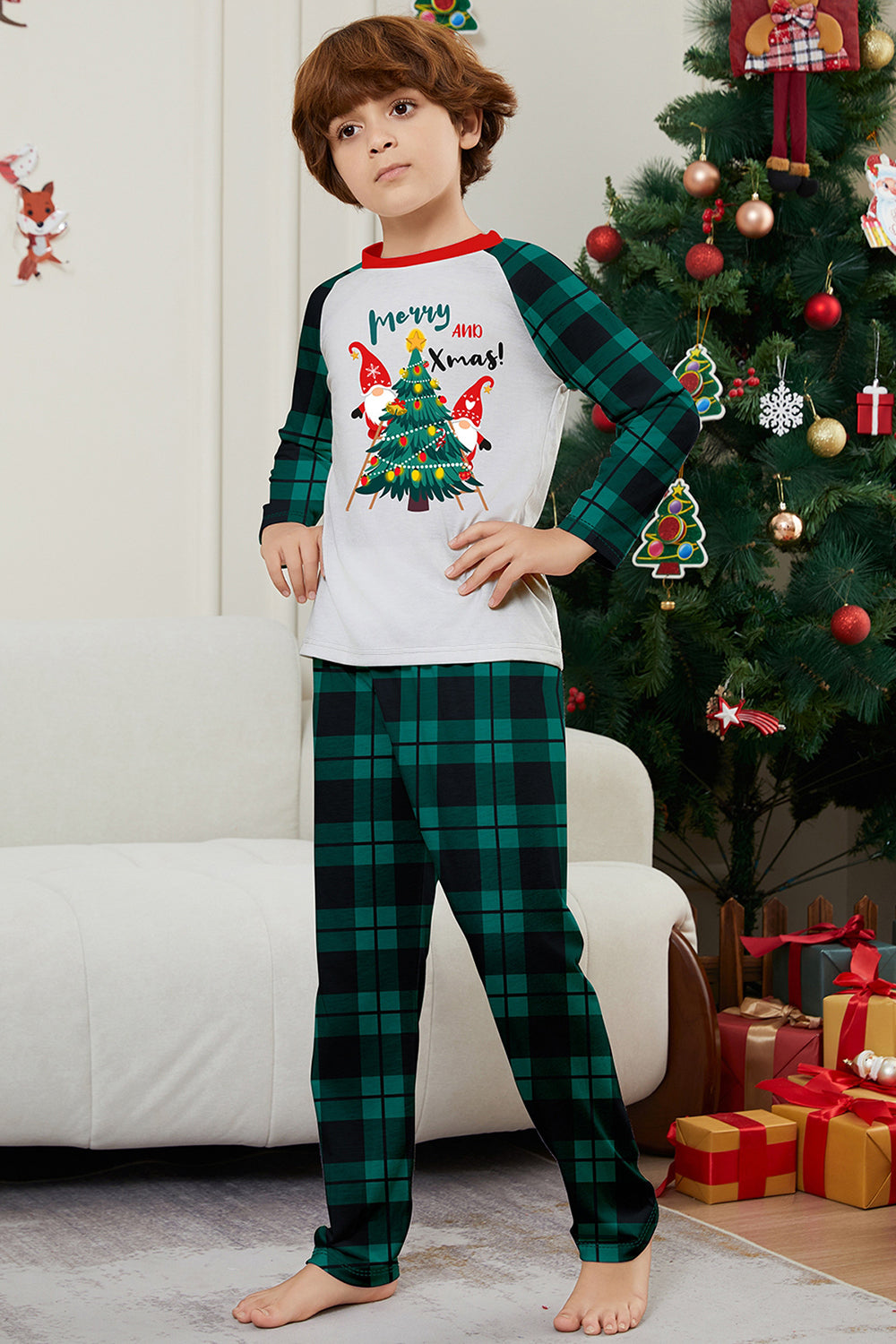 Green Plaid Christmas Tree Pattern Printed Family Matching Pajamas