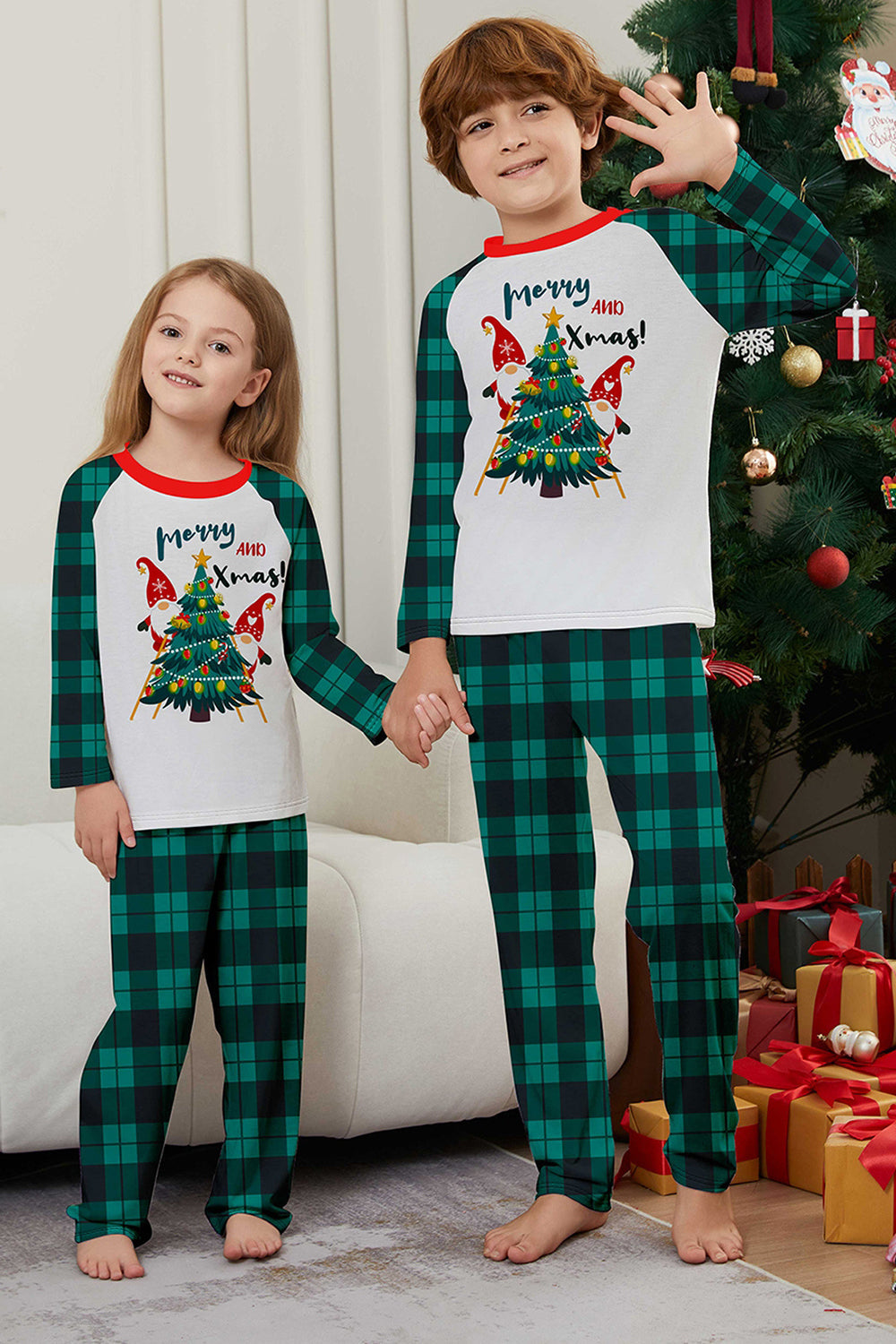 Green Plaid Christmas Tree Pattern Printed Family Matching Pajamas