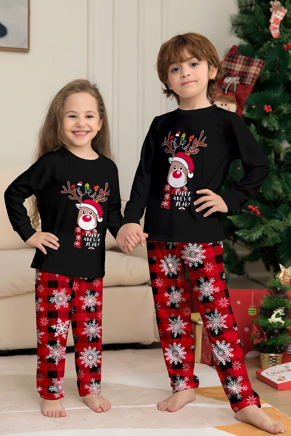 Black Red Reindeer Snowflake Printed Christmas Family Matching Pajamas