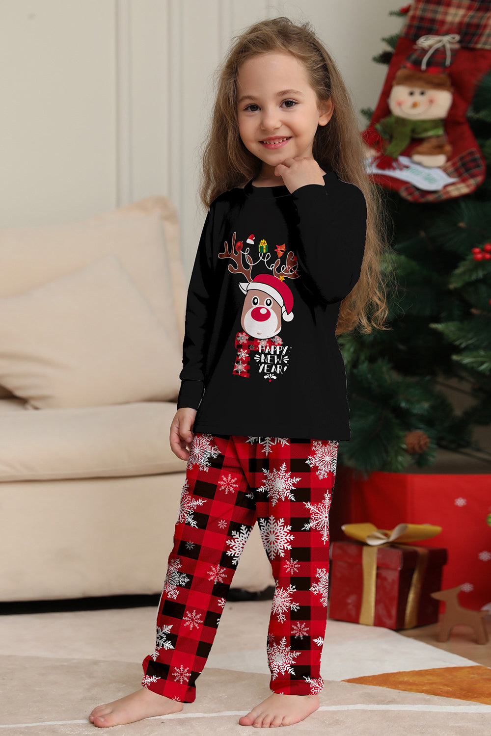 Black Red Reindeer Snowflake Printed Christmas Family Matching Pajamas