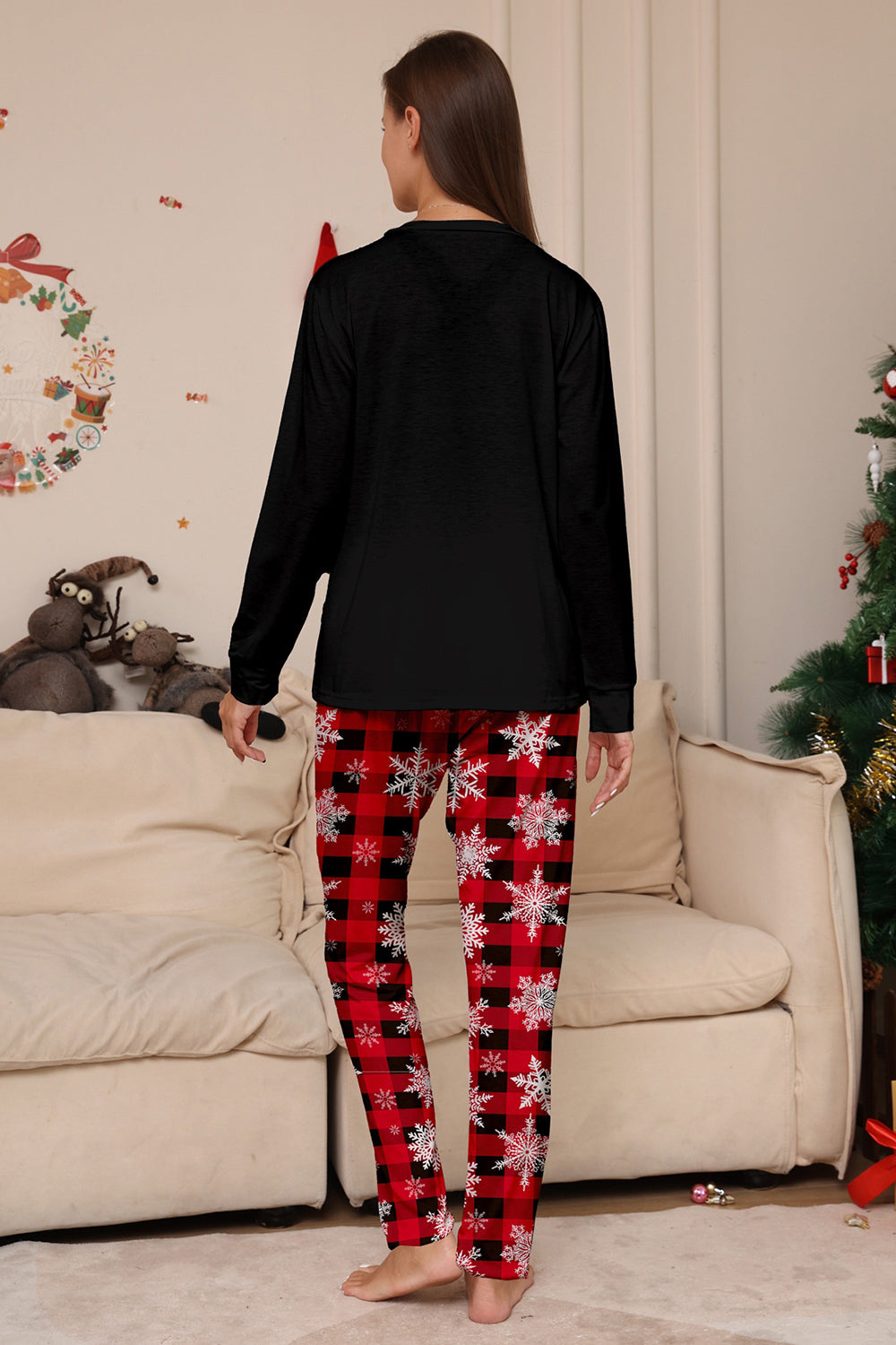 Black Red Reindeer Snowflake Printed Christmas Family Matching Pajamas
