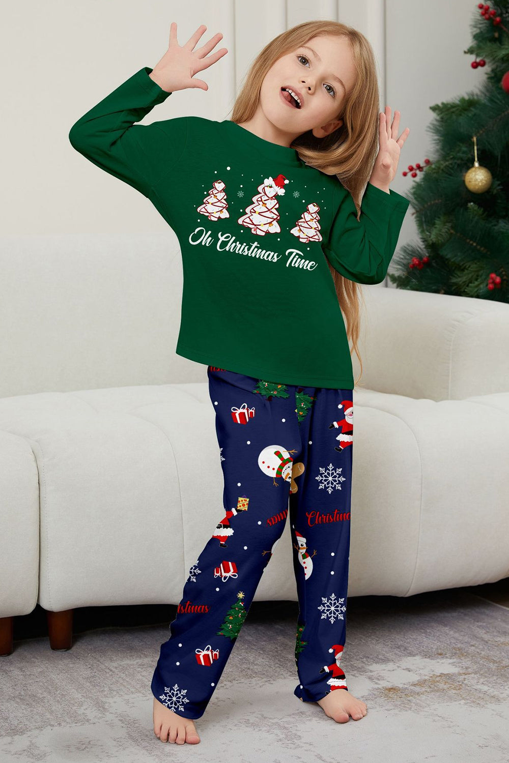 Green Blue Tree Printed Long Sleeves Christmas Family Matching Pajamas