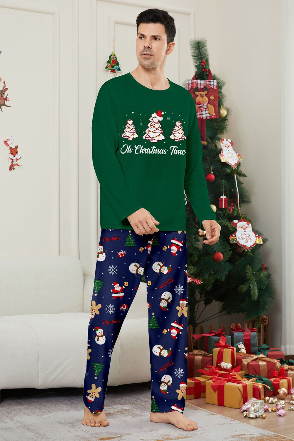 Green Blue Tree Printed Long Sleeves Christmas Family Matching Pajamas