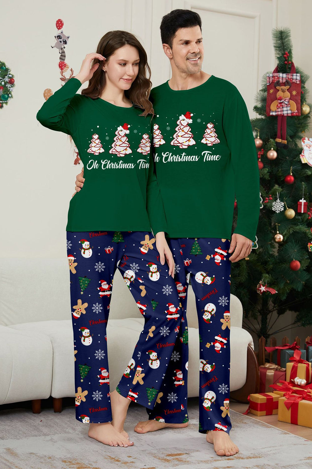 Green Blue Tree Printed Long Sleeves Christmas Family Matching Pajamas