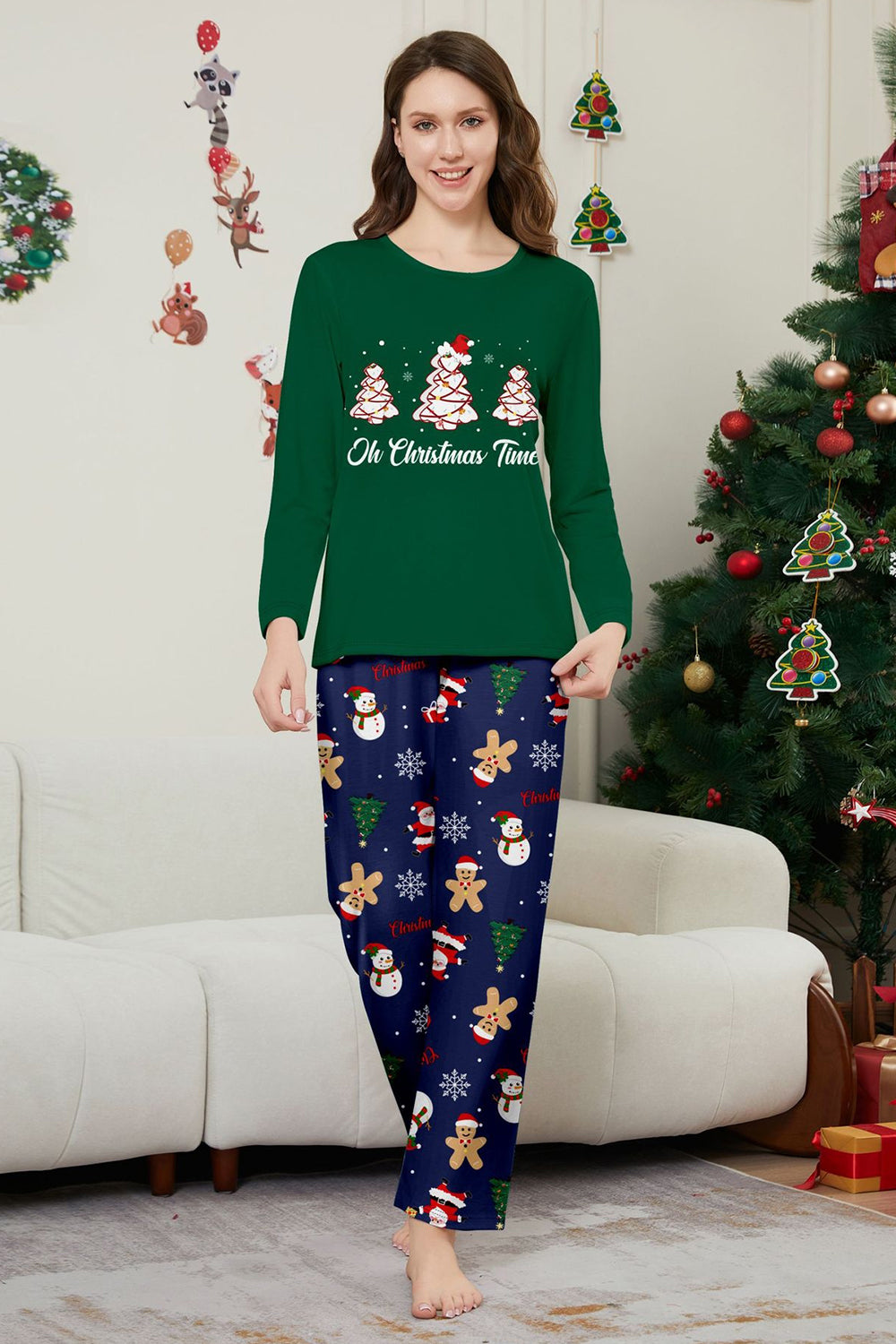 Green Blue Tree Printed Long Sleeves Christmas Family Matching Pajamas
