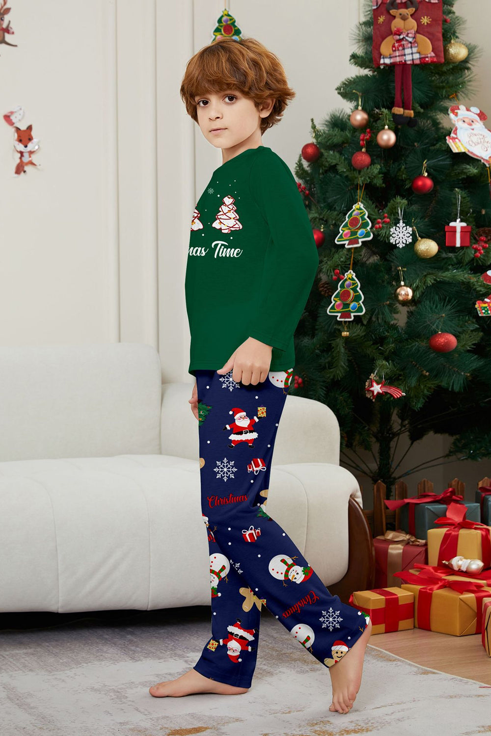 Green Blue Tree Printed Long Sleeves Christmas Family Matching Pajamas