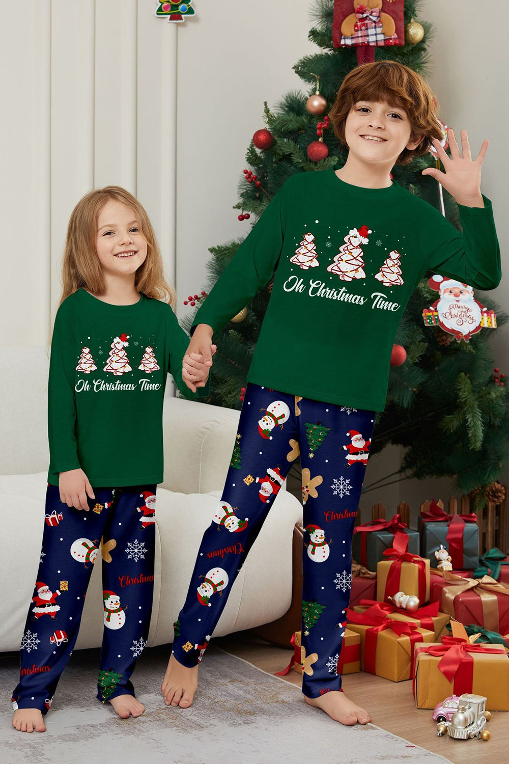 Green Blue Tree Printed Long Sleeves Christmas Family Matching Pajamas