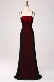 Black Red Sheath Lace Up Back Long Bridesmaid Dress