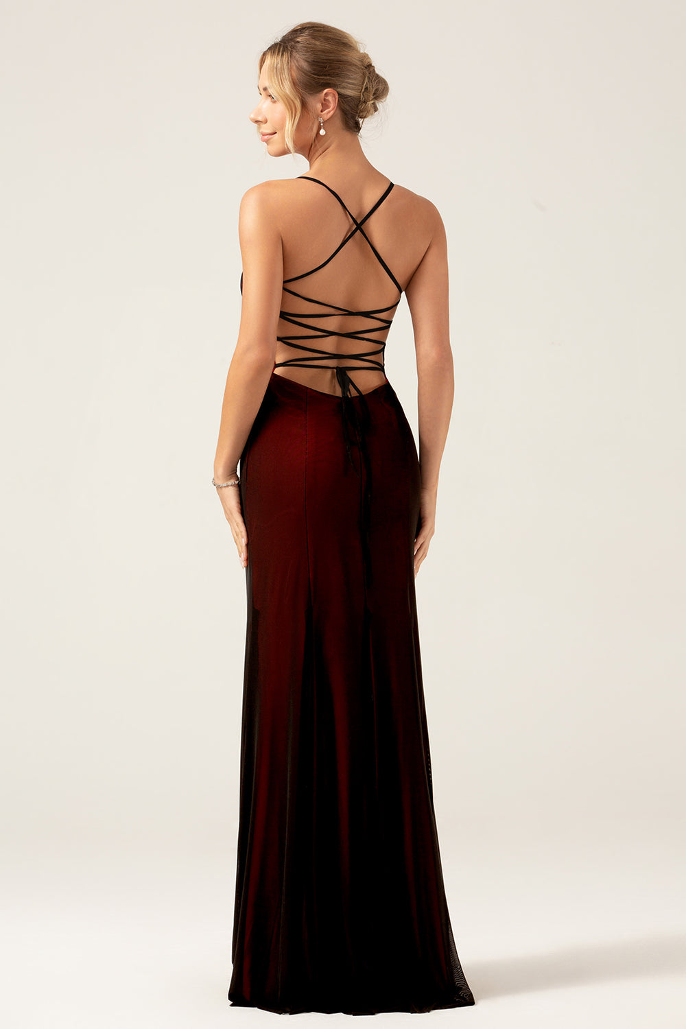 Black Red Sheath Lace Up Back Long Bridesmaid Dress