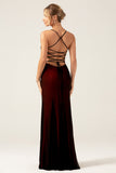 Black Red Sheath Lace Up Back Long Bridesmaid Dress