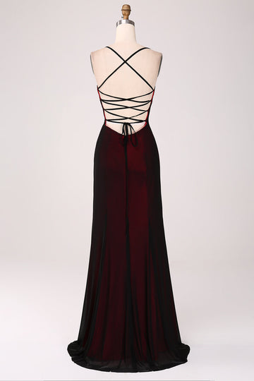 Black Red Sheath Lace Up Back Long Bridesmaid Dress