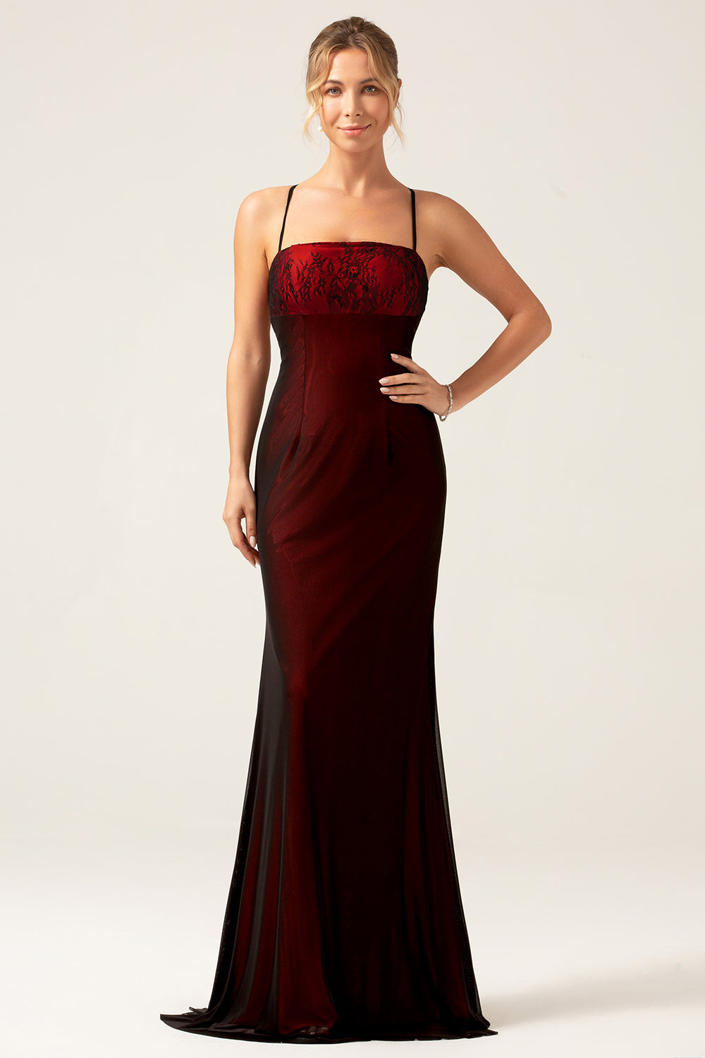 Black Red Sheath Lace Up Back Long Bridesmaid Dress