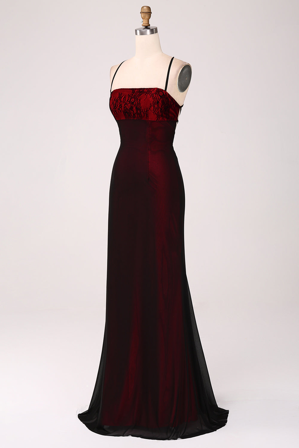 Black Red Sheath Lace Up Back Long Bridesmaid Dress