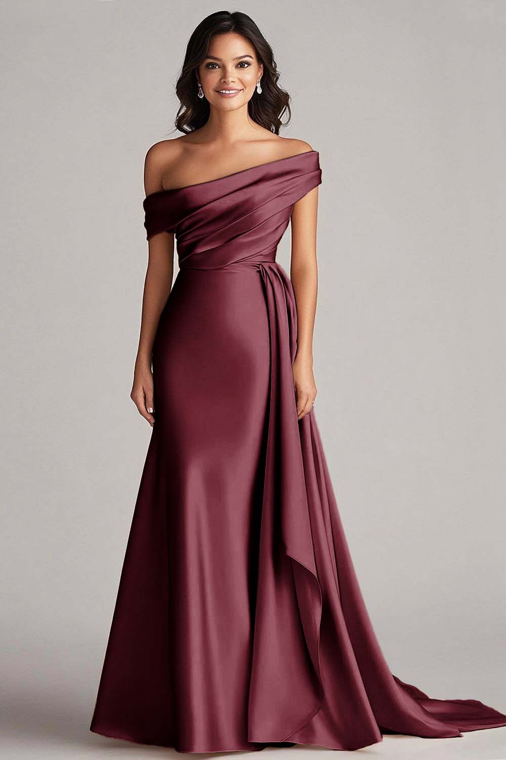Off The Shoulder Pleated Champagne Sheath Long Formal Dress
