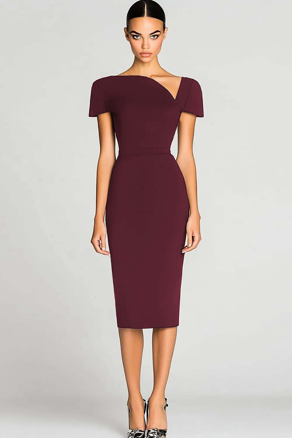 Black Short Sleeves Bodycon Satin Midi Work Dress