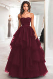 Black Ball Gown Strapless Tulle Tiered Long Formal Dress