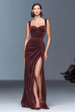 Black Velvet Sheath Ruched Long Formal Dress with Slit