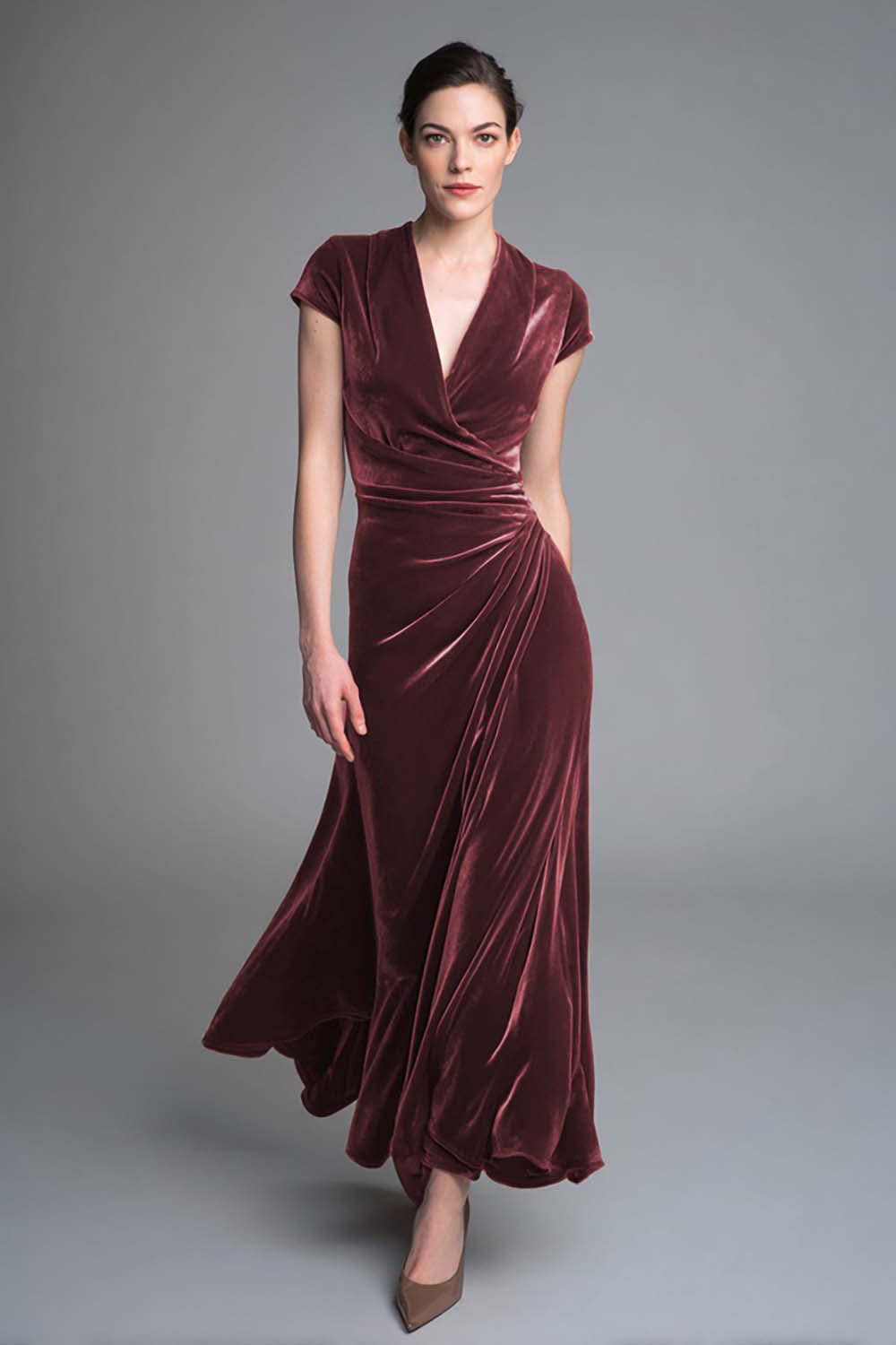 Caramel Velvet V Neck Long Formal Dress with Sleeves