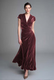 Caramel Velvet V Neck Long Formal Dress with Sleeves