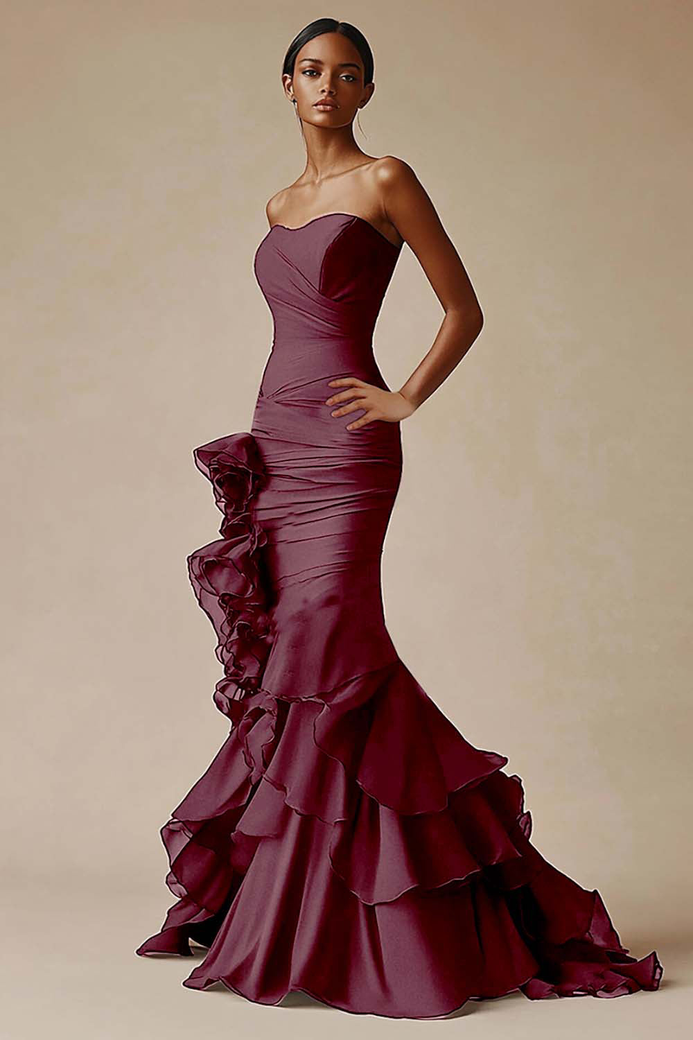 Black Strapless Satin Ruffled Mermaid Formal Dress