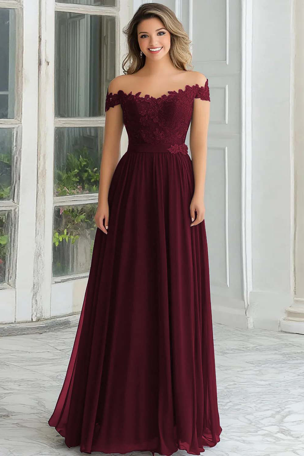 Elegant A-Line Navy Off the Shoulder Chiffon Long Mother Of the Bride Dress with Lace Appliques