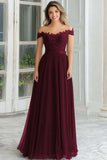 Elegant A-Line Navy Off the Shoulder Chiffon Long Mother Of the Bride Dress with Lace Appliques