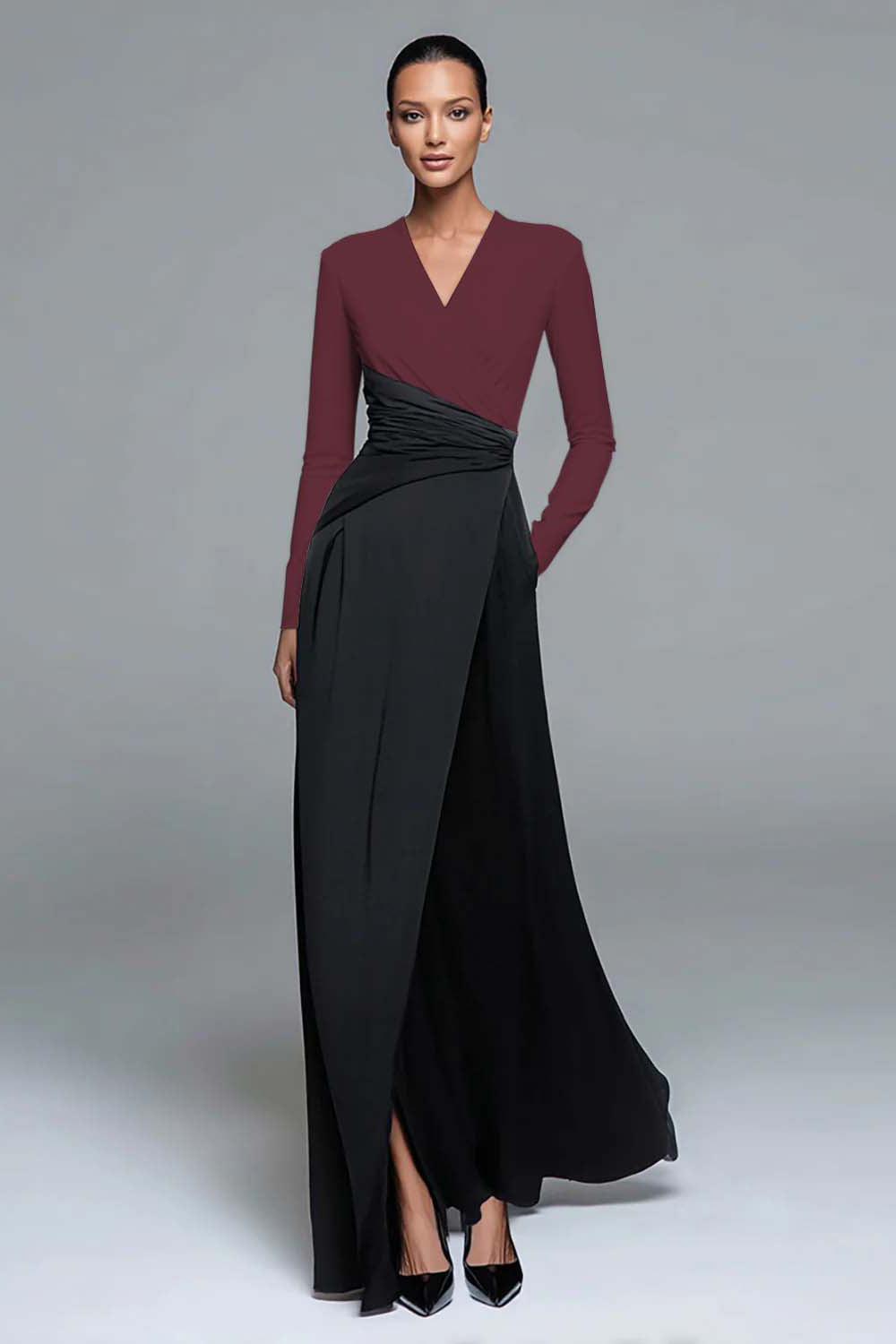 Black and White Patchwork Long Sleeves Formal Dress with Pockets