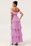 Candy Pink A Line Off the Shoulder Tiered  Pleated Long Bridesmaid Dress with Slit