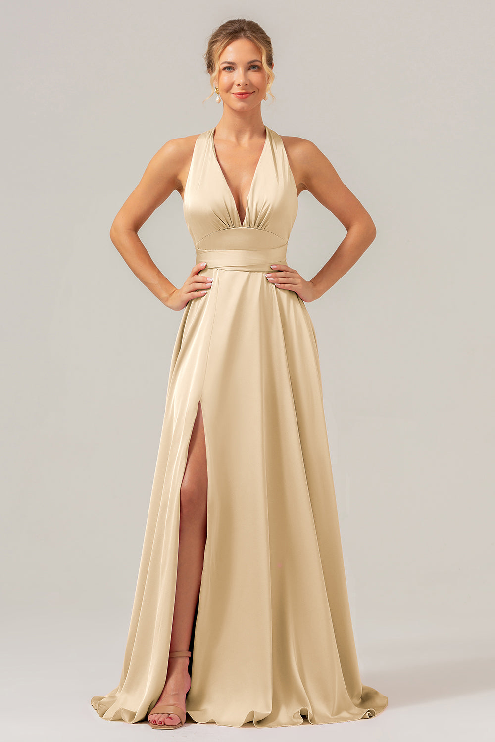 Pink A Line V-Neck Backless Satin Long Bridesmaid Dress with Slit