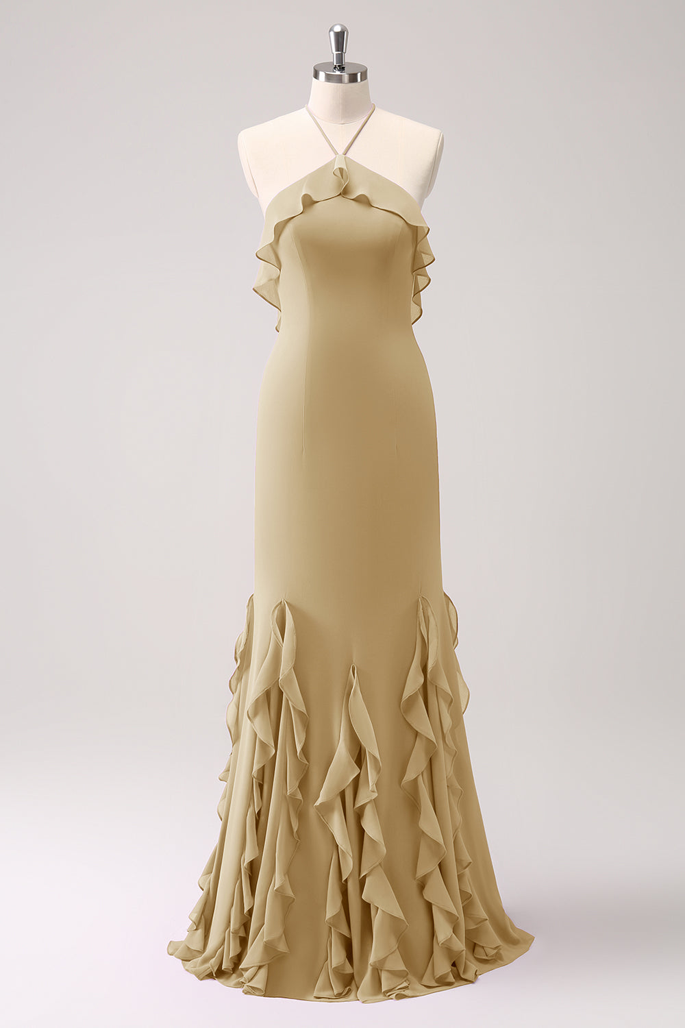 Mermaid Burgundy Halter Chiffon Long Bridesmaid Dress with Ruffle