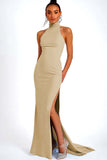 Black Halter Satin Mermaid Long Formal Dress with Slit