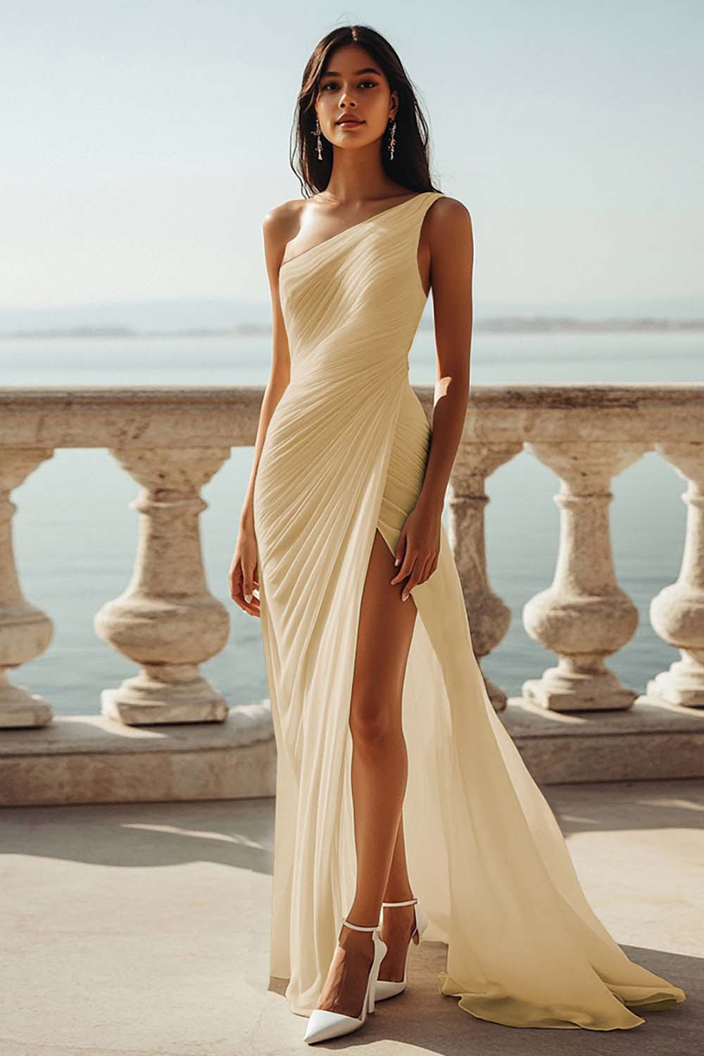 Chiffon Ivory One Shoulder Maxi Sheath Boho Formal Dress with Slit