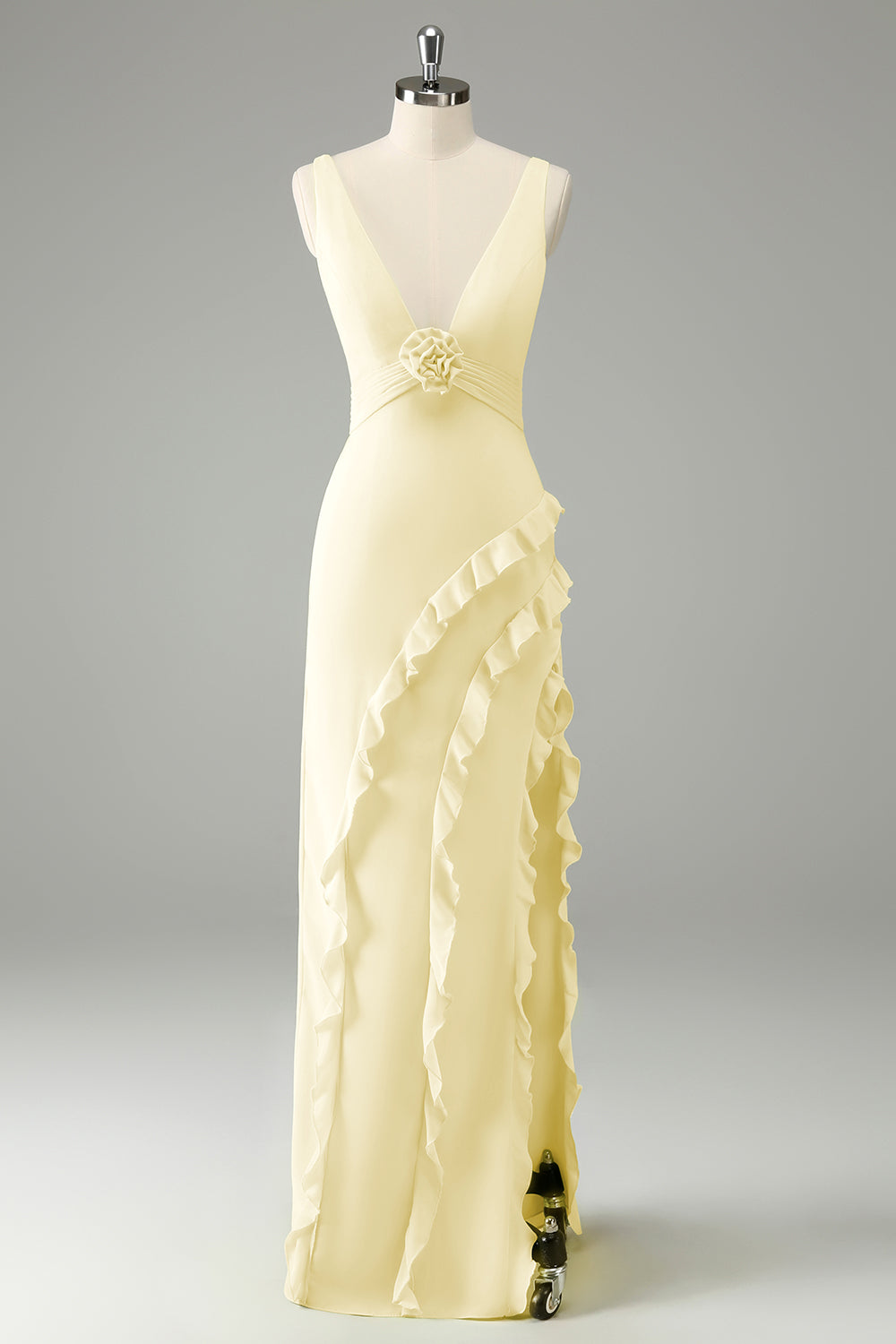 Lemon Deep V Neck Ruffled Wedding Guest Dress with Slit