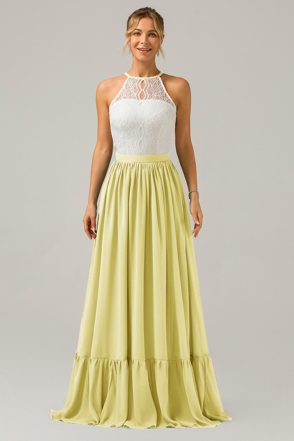 Champagne Keyhole Boho Chiffon Long Bridesmaid Dress with Lace