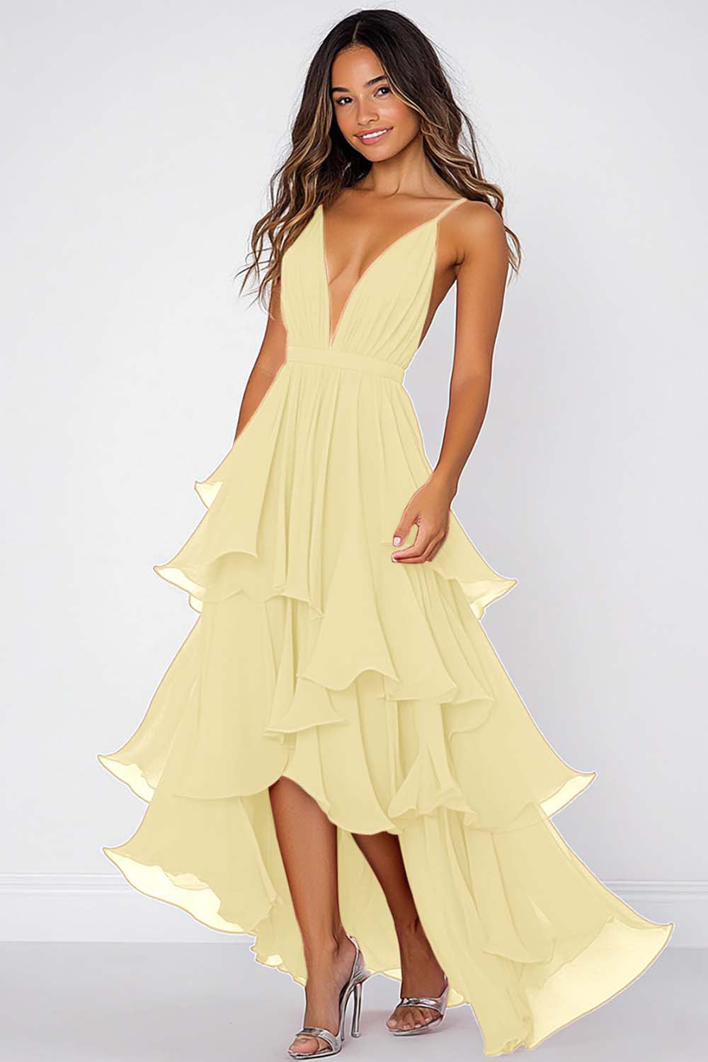Ruffled Tiered Black Chiffon Spaghetti Straps Formal Dress