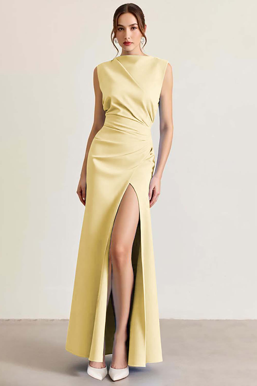 Sky Blue Satin Boat Neck Long Sheath Formal Dress with Slit