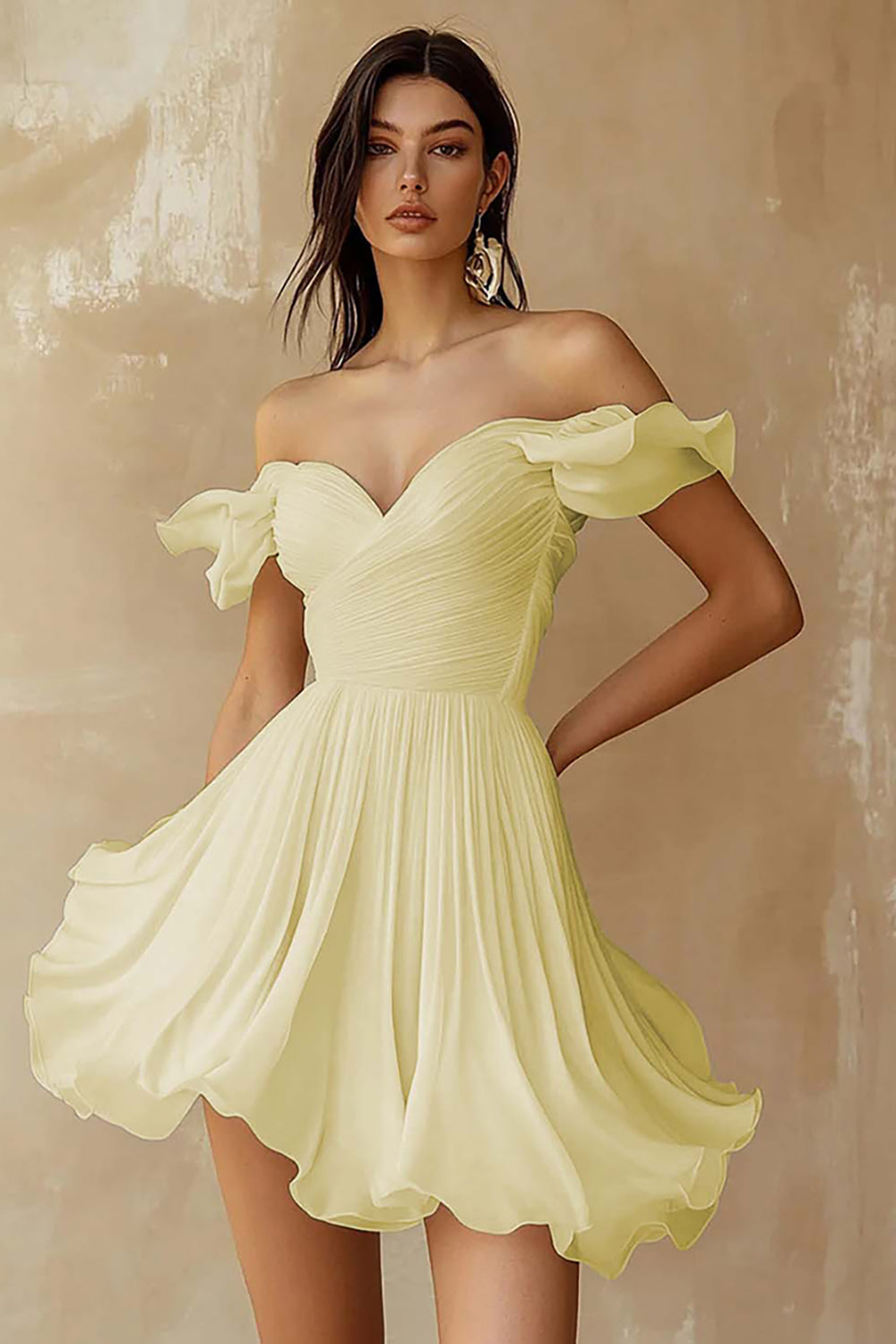 White Chiffon A Line Ruffled Off the Shoulder Pleated Short Graduation Dress