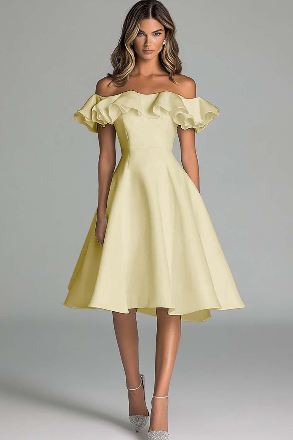 Black Off The Shoulder A Line Midi Cocktail Dress With Ruffles