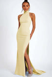 Sky Blue Halter Satin Mermaid Long Formal Dress with Slit