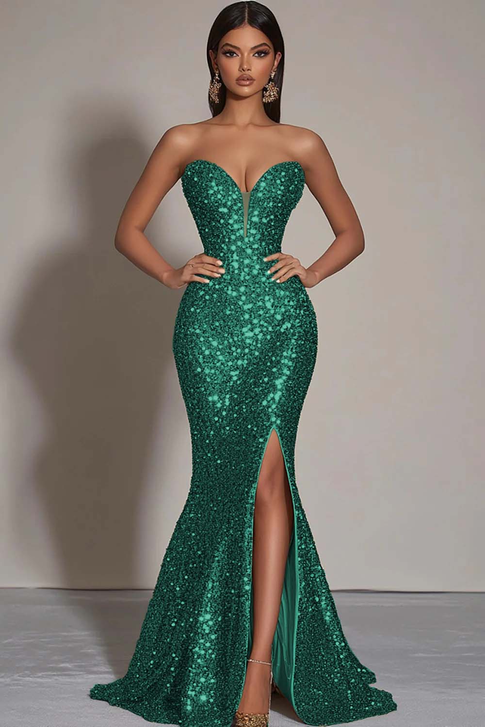 Sparkly Gold Sequins Sweetheart Mermaid Long Formal Dress with Slit