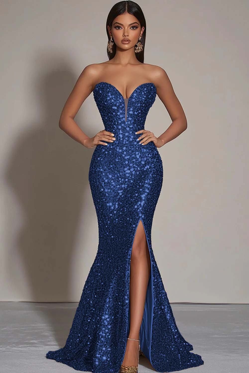 Sparkly Gold Sequins Sweetheart Mermaid Long Formal Dress with Slit
