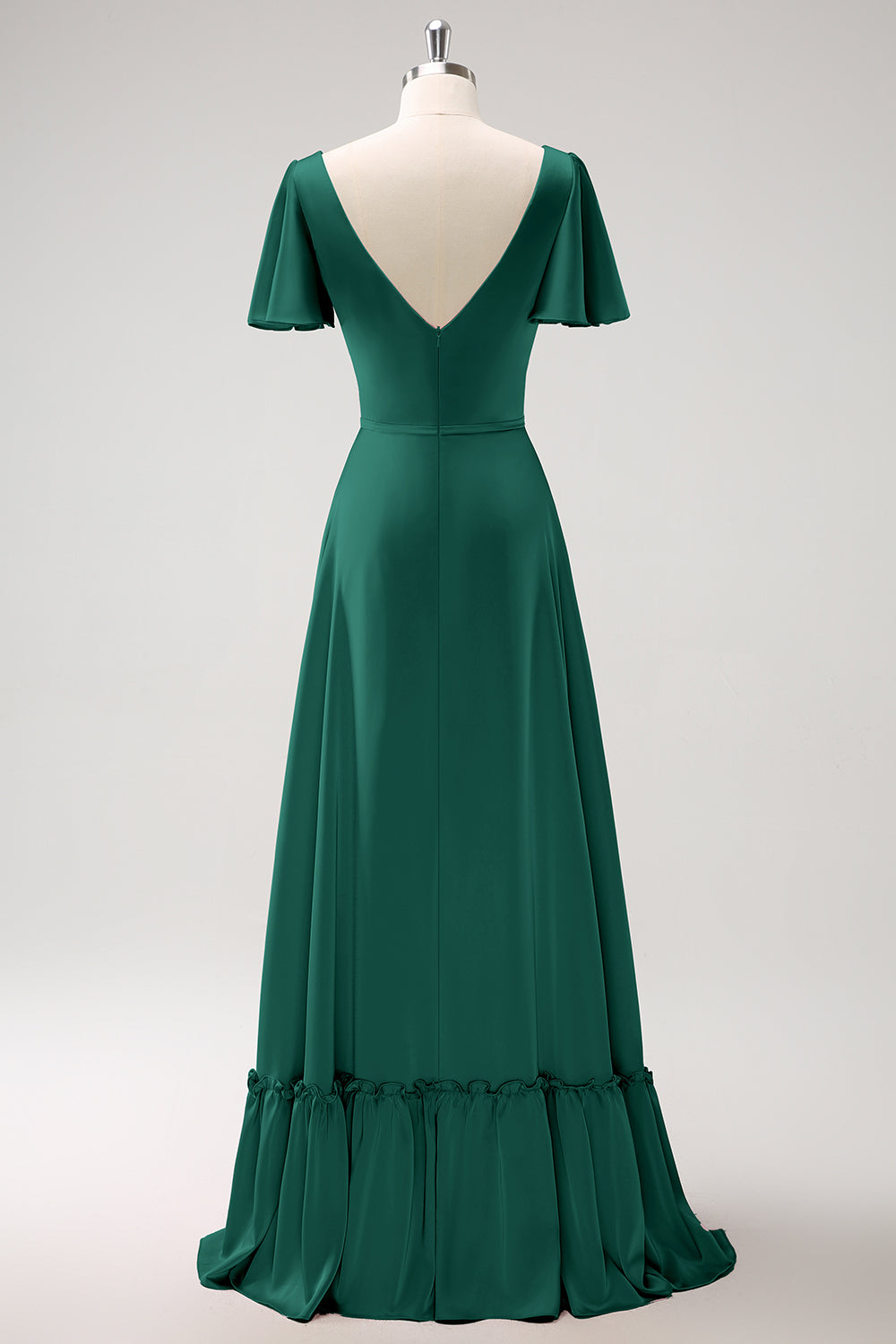 Burgundy Ruffle Wrap Short Sleeves A-Line Long Satin Bridesmaid Dress