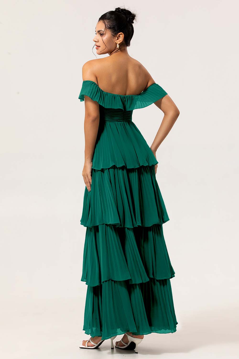 Eucalyptus A Line Off the Shoulder Tiered  Pleated Long Bridesmaid Dress with Slit