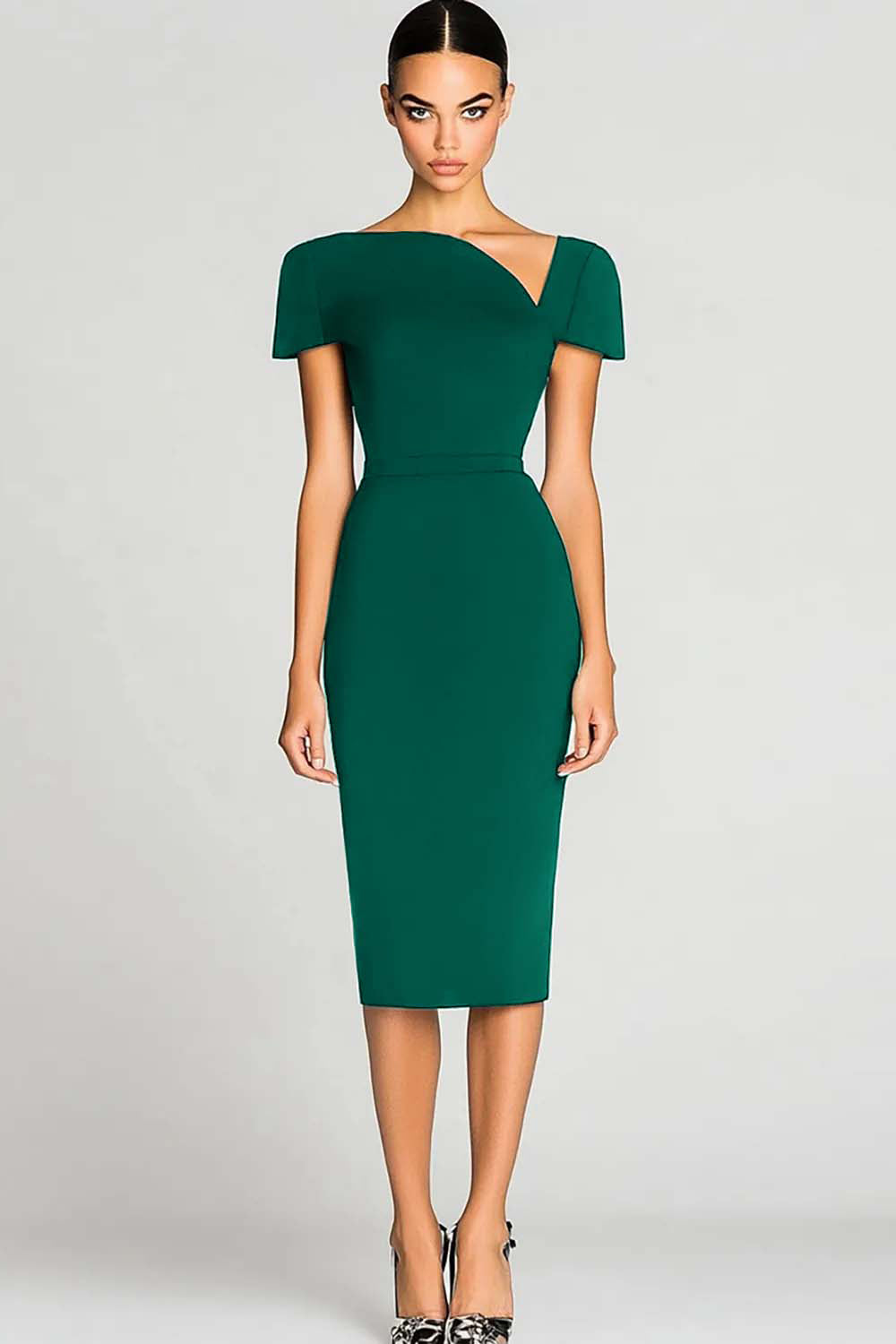 Black Short Sleeves Bodycon Satin Midi Work Dress