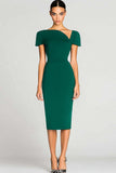 Black Short Sleeves Bodycon Satin Midi Work Dress