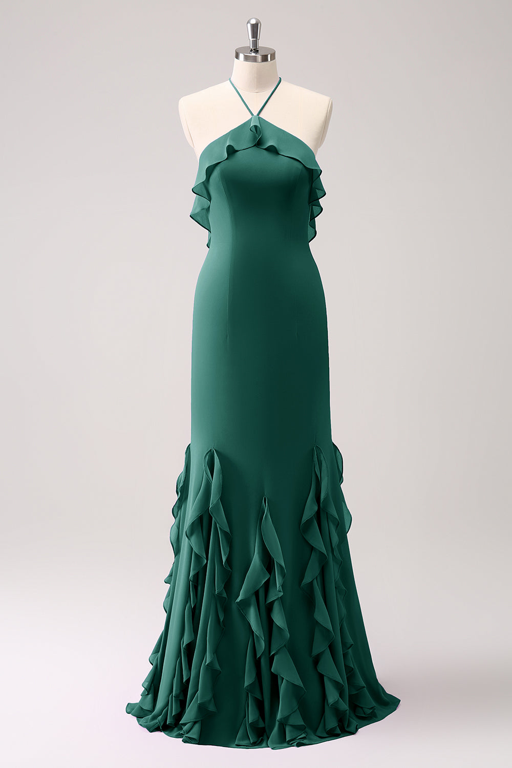 Mermaid Burgundy Halter Chiffon Long Bridesmaid Dress with Ruffle