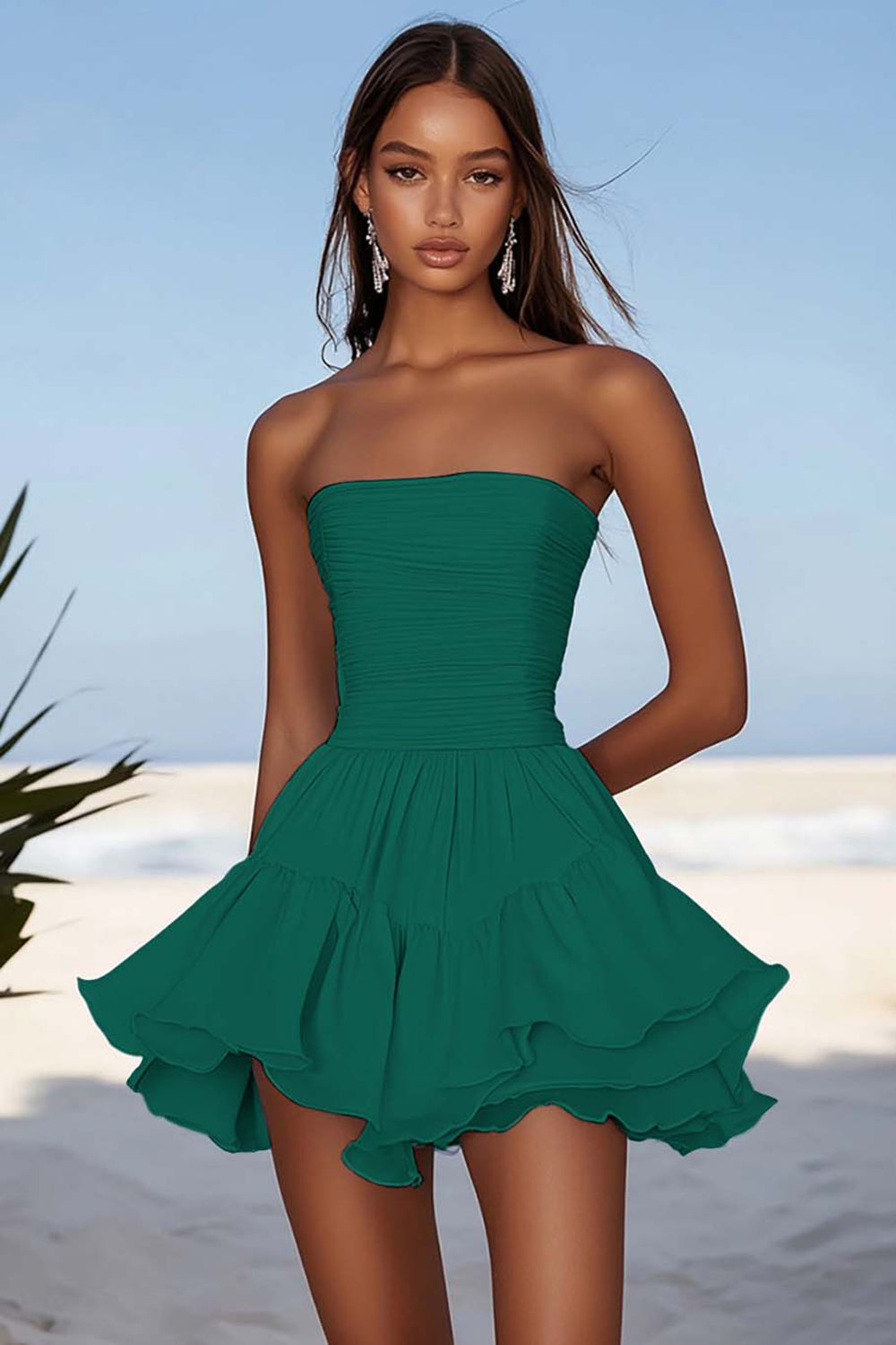 Black Ruffled Chiffon Strapless Short Cocktail Dress